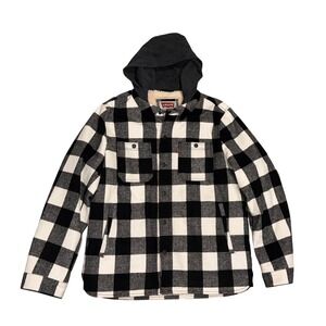 Levi's Hooded Sherpa Lined Shirt Jacket Mens L Black White Buffalo Plaid EUC